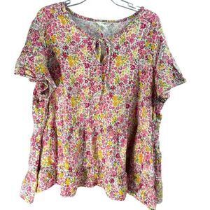 TERRA SKY Womens Cotton Floral Blouse Ruffle Tie Up Front Flutter Sleeves Sz 3X